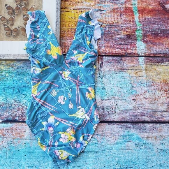 Modcloth The Kelsie Blue Floral Deep V One-Piece Swimsuit S - Picture 9 of 10